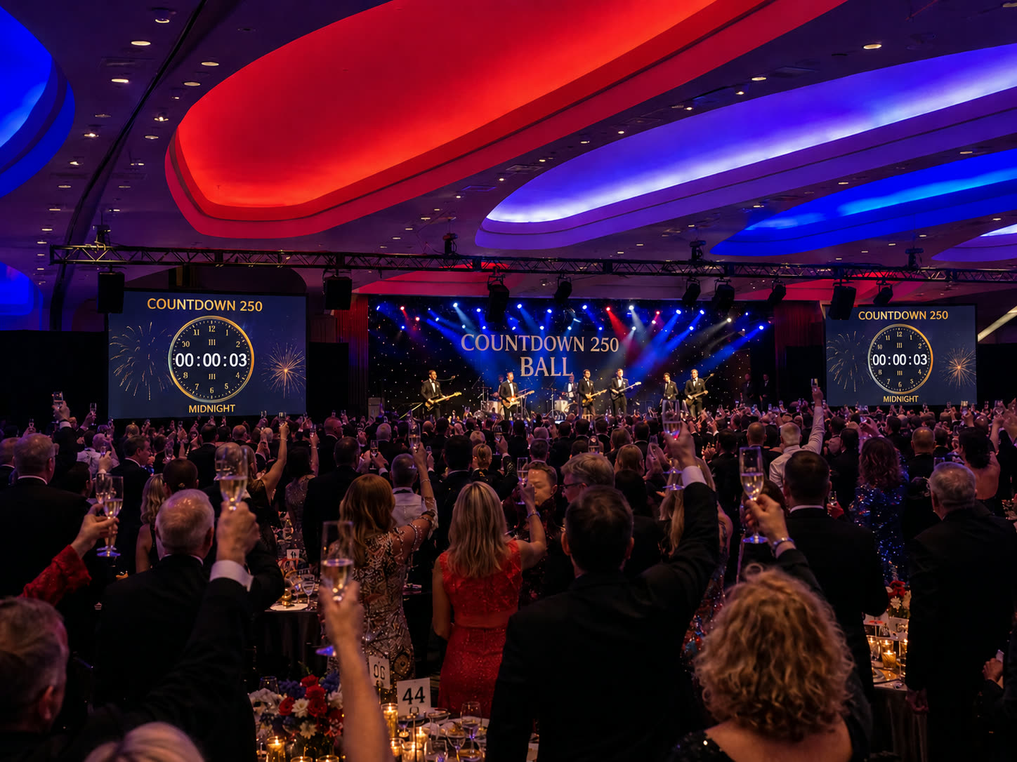 The Countdown 250 Ball at the stroke of midnight — full ballroom of guests with raised champagne glasses, countdown clock displays at 00:00:03, live band on stage under the red-white-and-blue lit ceiling of the Washington Hilton