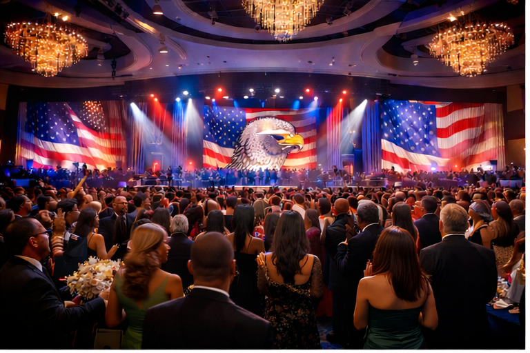 Diverse guests celebrating in a grand patriotic ballroom