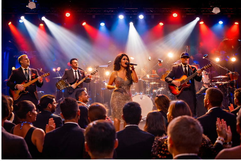 Live band performing for a diverse crowd