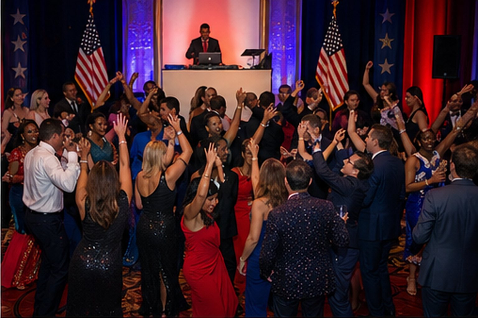 DJ booth flanked by American flags with a packed dance floor of guests with arms raised