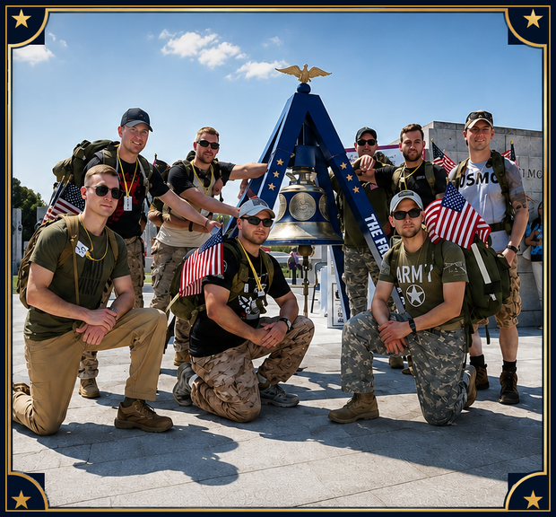 Service members from across the branches gathered around America's Freedom Bell at the World War II Memorial in Washington, D.C., holding American flags — in a navy and gold commemorative frame