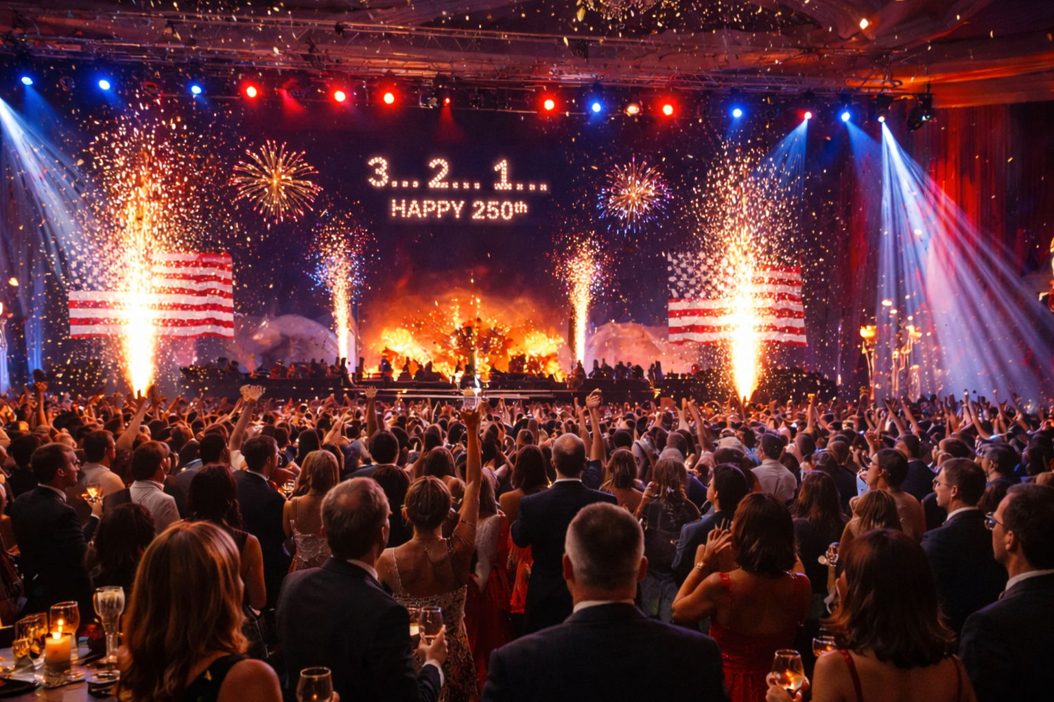 Guests raising champagne glasses during the midnight countdown