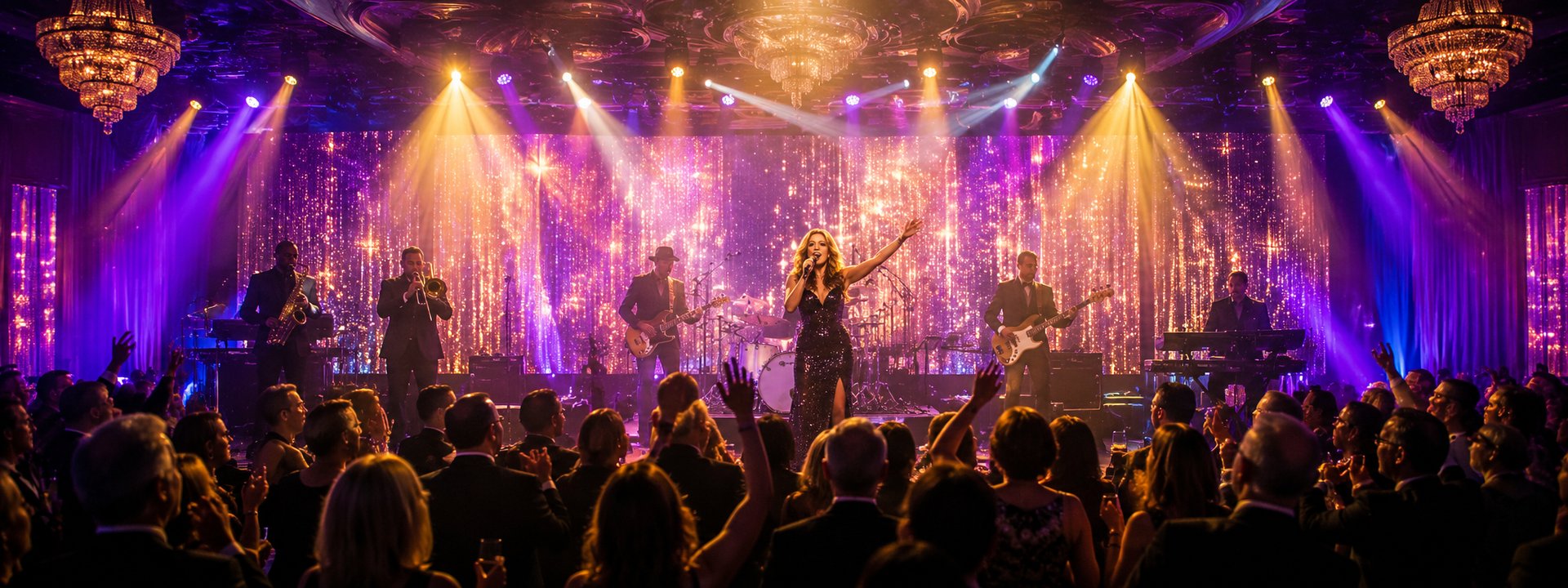 A live band performing on stage with cascading purple and gold light streamers, the lead vocalist at center mic, and the audience silhouetted in the foreground