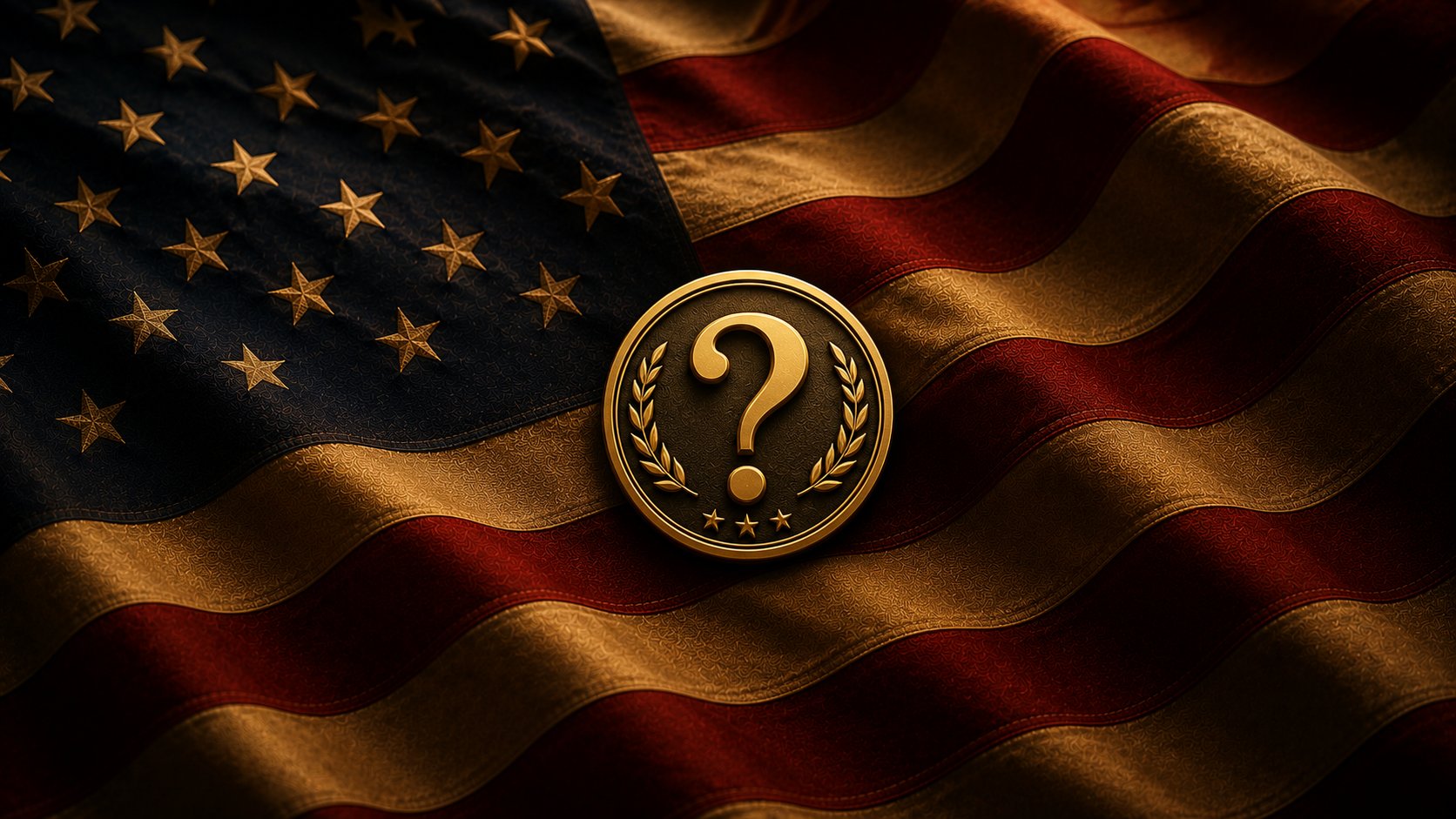 A gold question-mark emblem framed by laurel wreath and stars, centered on a vintage-toned American flag