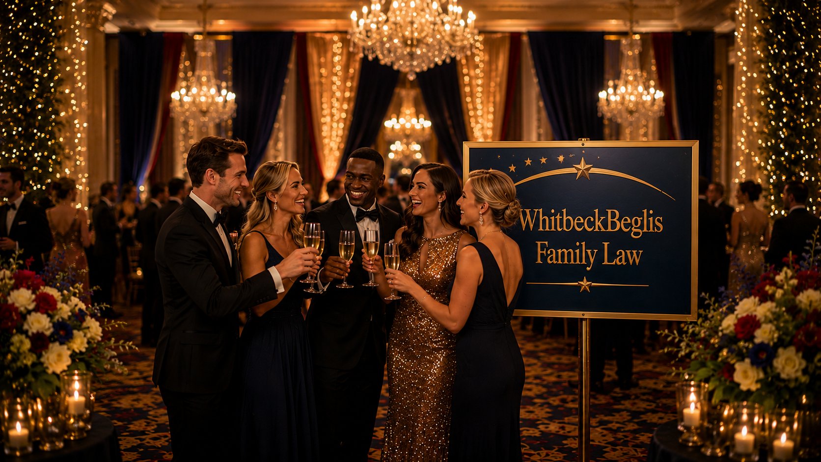 A Hosted Group from WhitbeckBeglis Family Law toasting beneath custom signage in a candlelit ballroom with chandeliers and patriotic decor