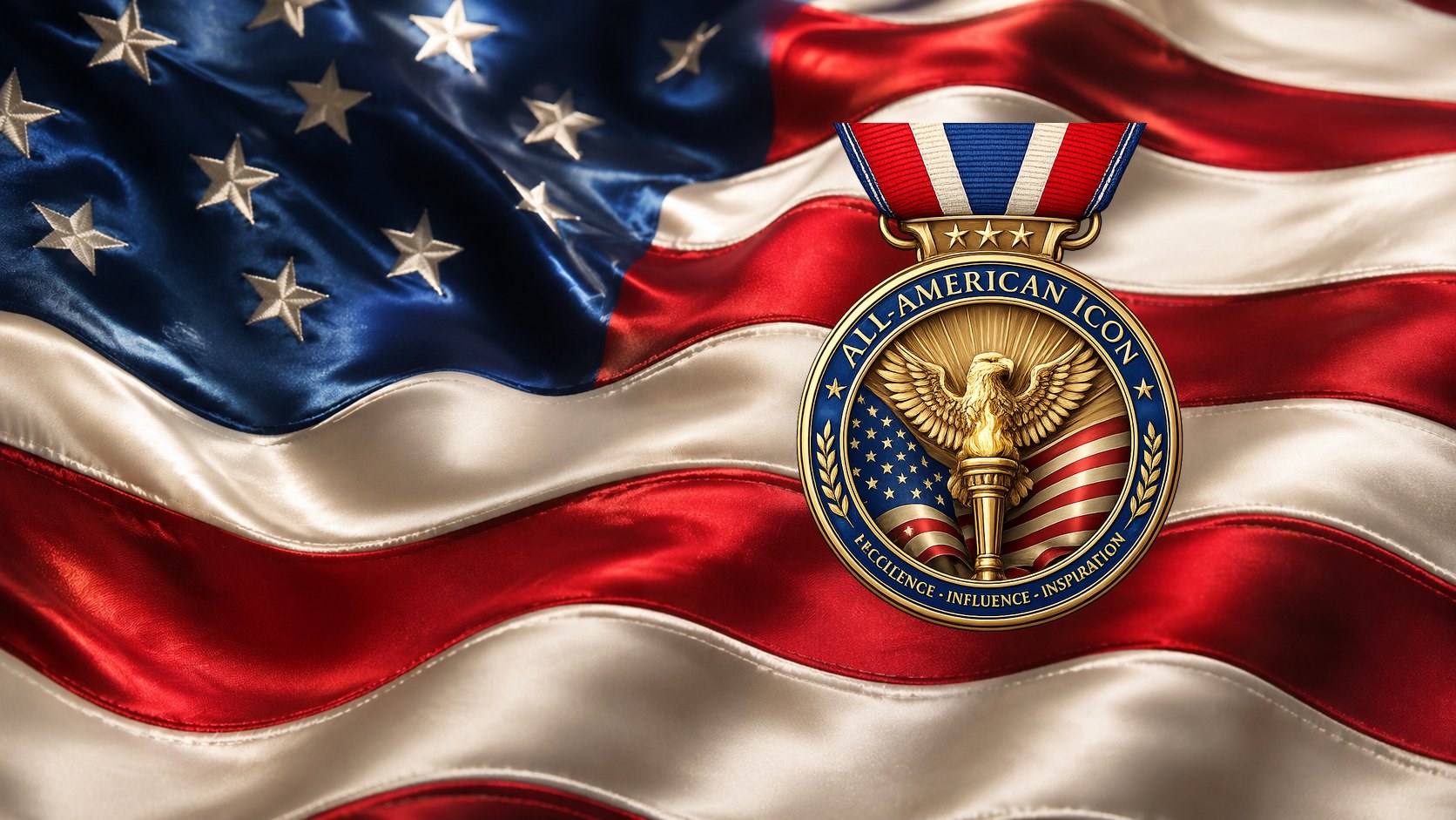 The All-American Icon Award medal — gold circle with an eagle and torch, encircled by the words 'ALL-AMERICAN ICON' and 'EXCELLENCE · INFLUENCE · INSPIRATION' — resting on the rippling stars and stripes of the American flag