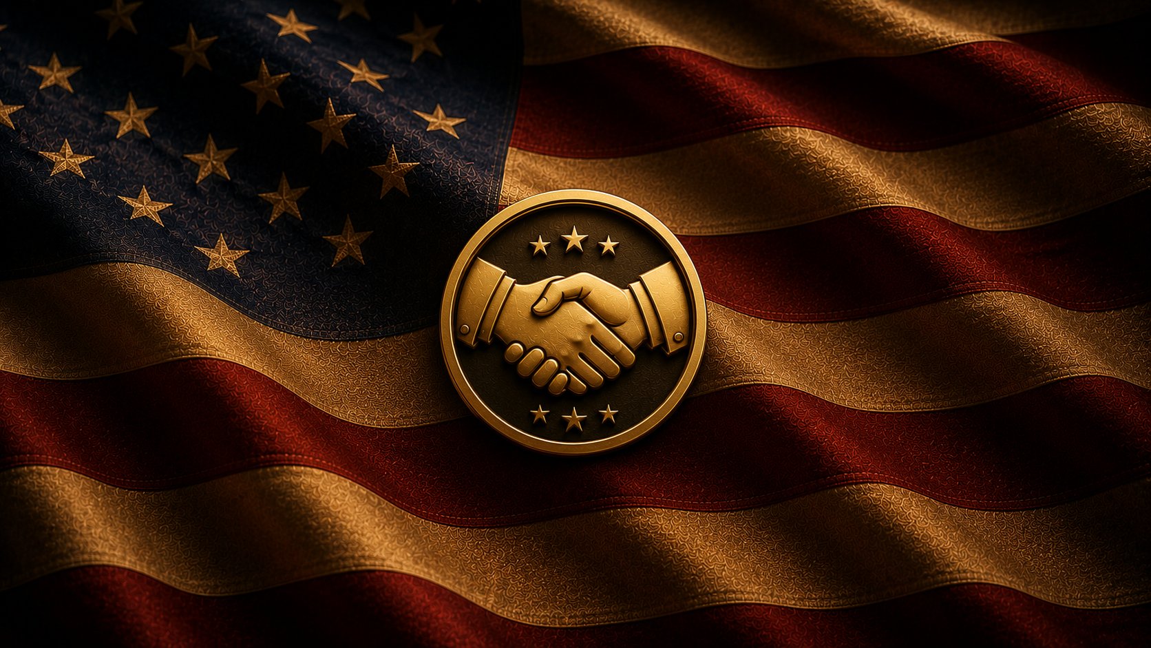 A close-up of the American flag with a centered navy and gold partnership symbol — a stylized handshake icon — pinned dead-center over the rippling stars and stripes