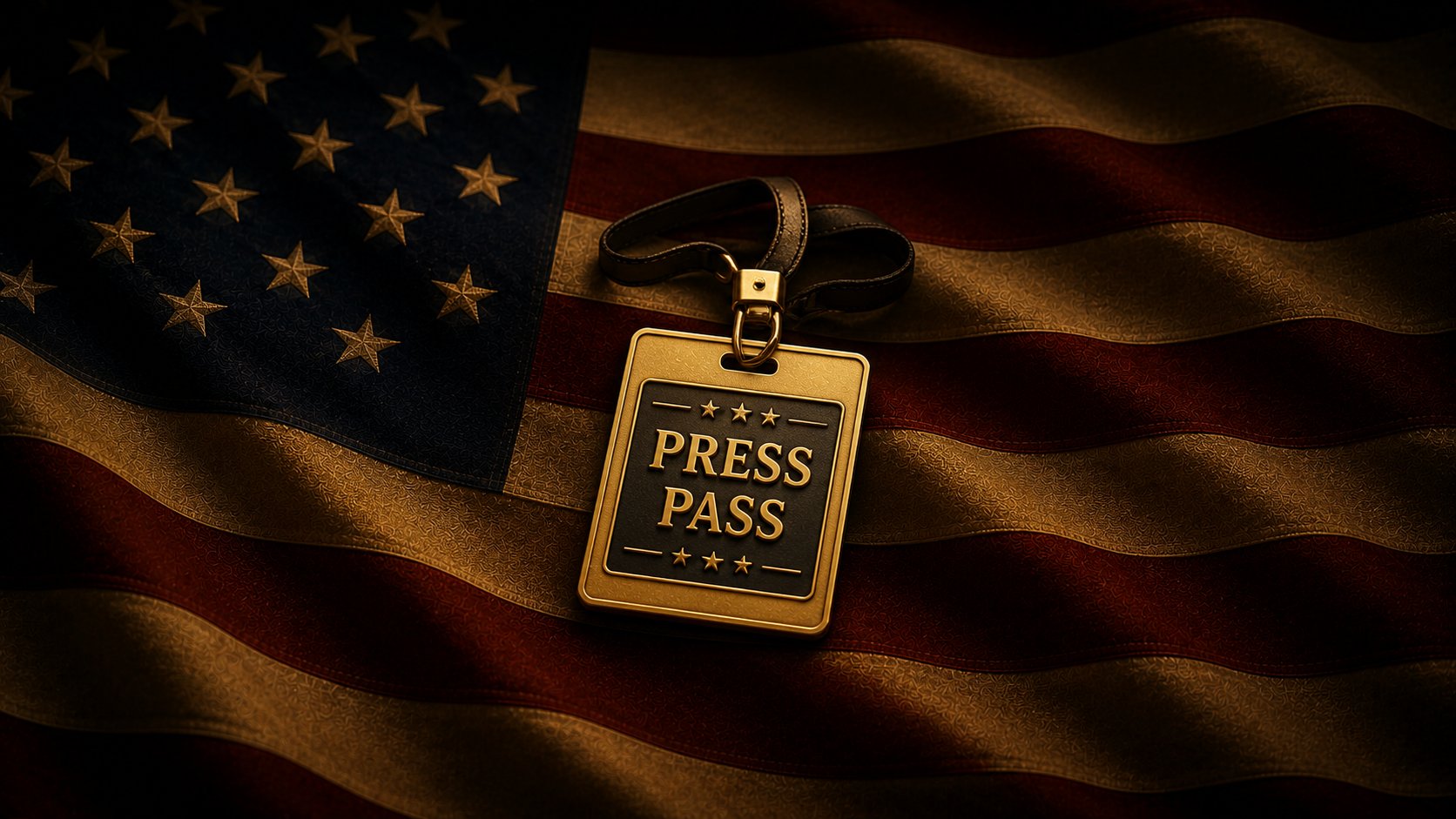 A gold and navy 'PRESS PASS' credential on a black lanyard draped diagonally across a vintage-toned American flag