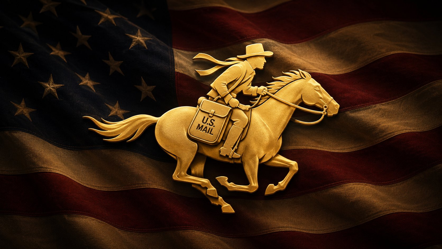 A gold-rendered Pony Express rider with a U.S. MAIL satchel galloping at full speed across a faded American flag background — a classic 'news and updates' motif