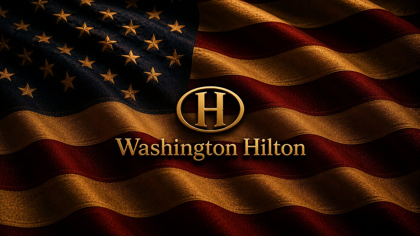 A vintage-toned American flag with the Washington Hilton wordmark and H-in-circle logo elegantly centered in gold, the venue of the Countdown 250 Ball