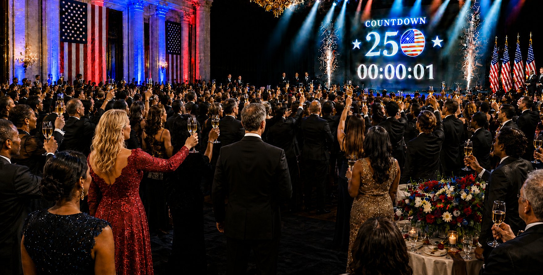 Black-tie guests raising champagne as the stage countdown clock strikes 00:00:01 — the moment America enters its 250th year — Countdown 250 Ball, Washington Hilton, July 3, 2026