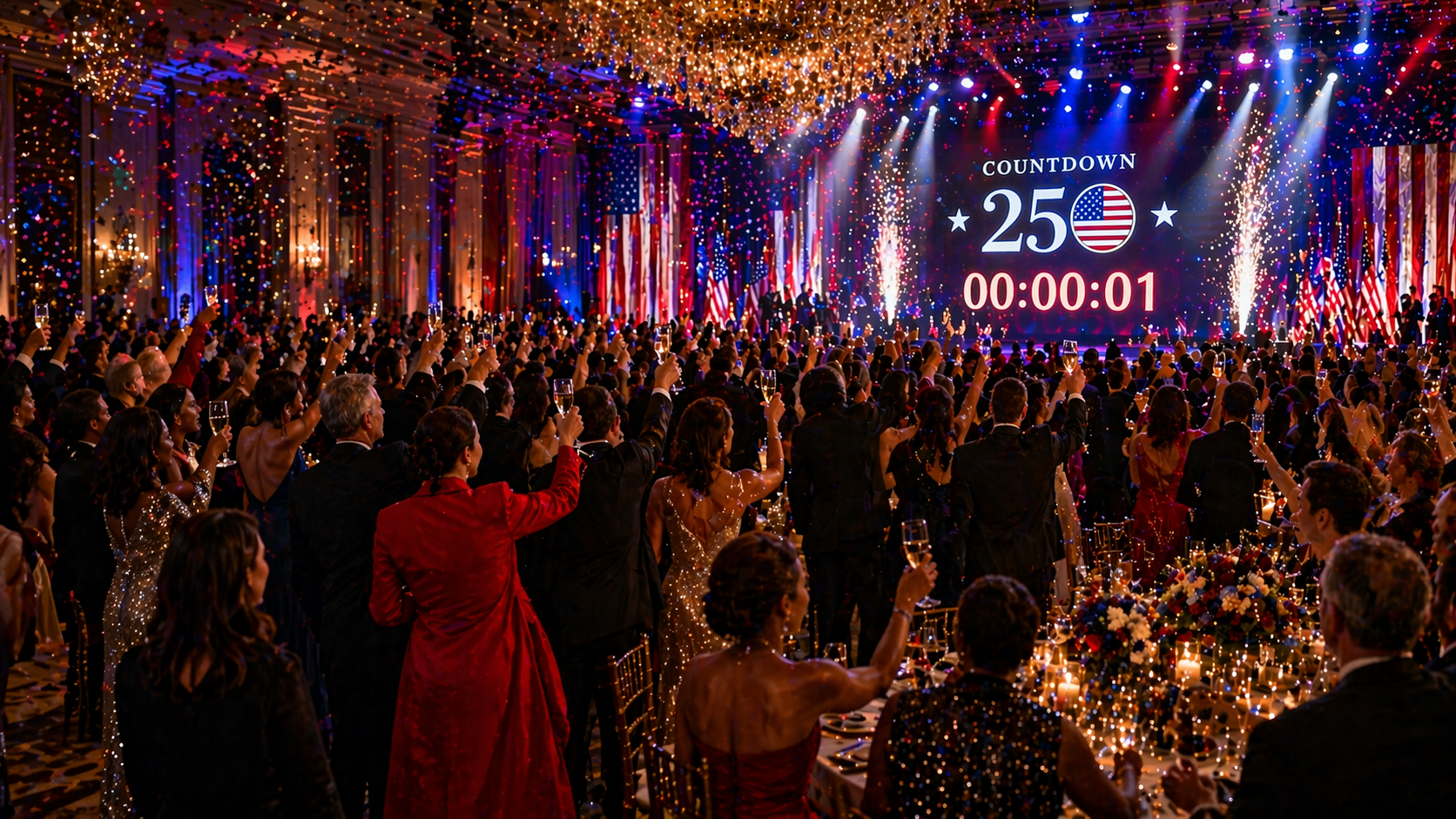 Black-tie guests toasting with champagne as Countdown 250 reaches 00:00:01 on stage