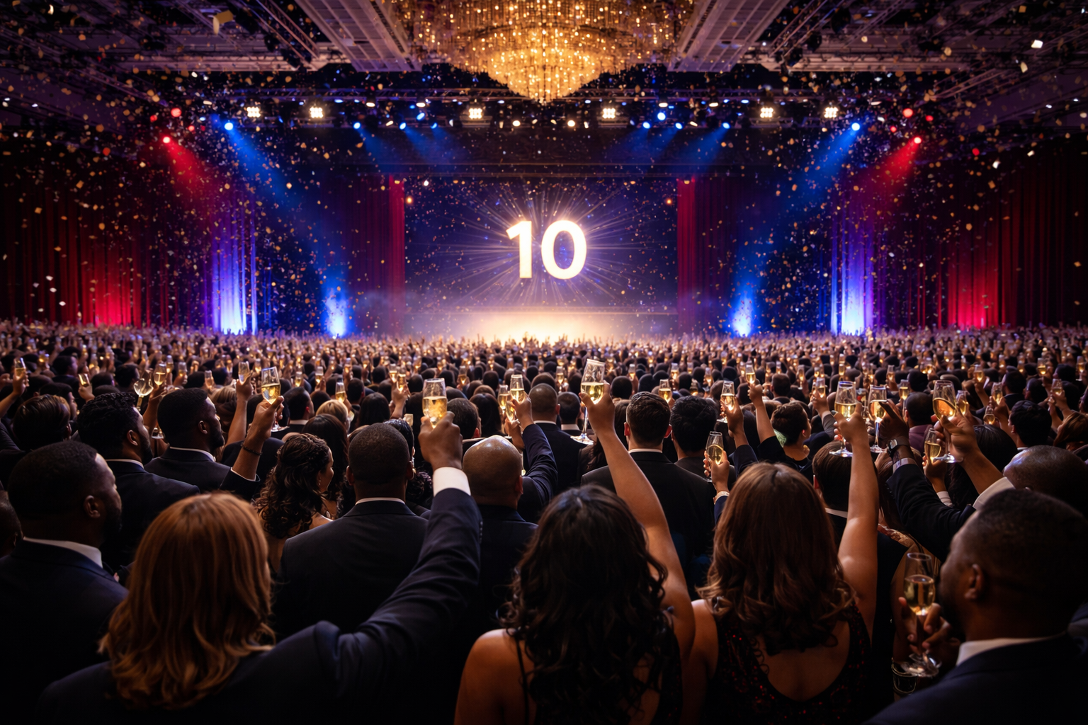 Thousands of guests raising champagne glasses in a spectacular ballroom