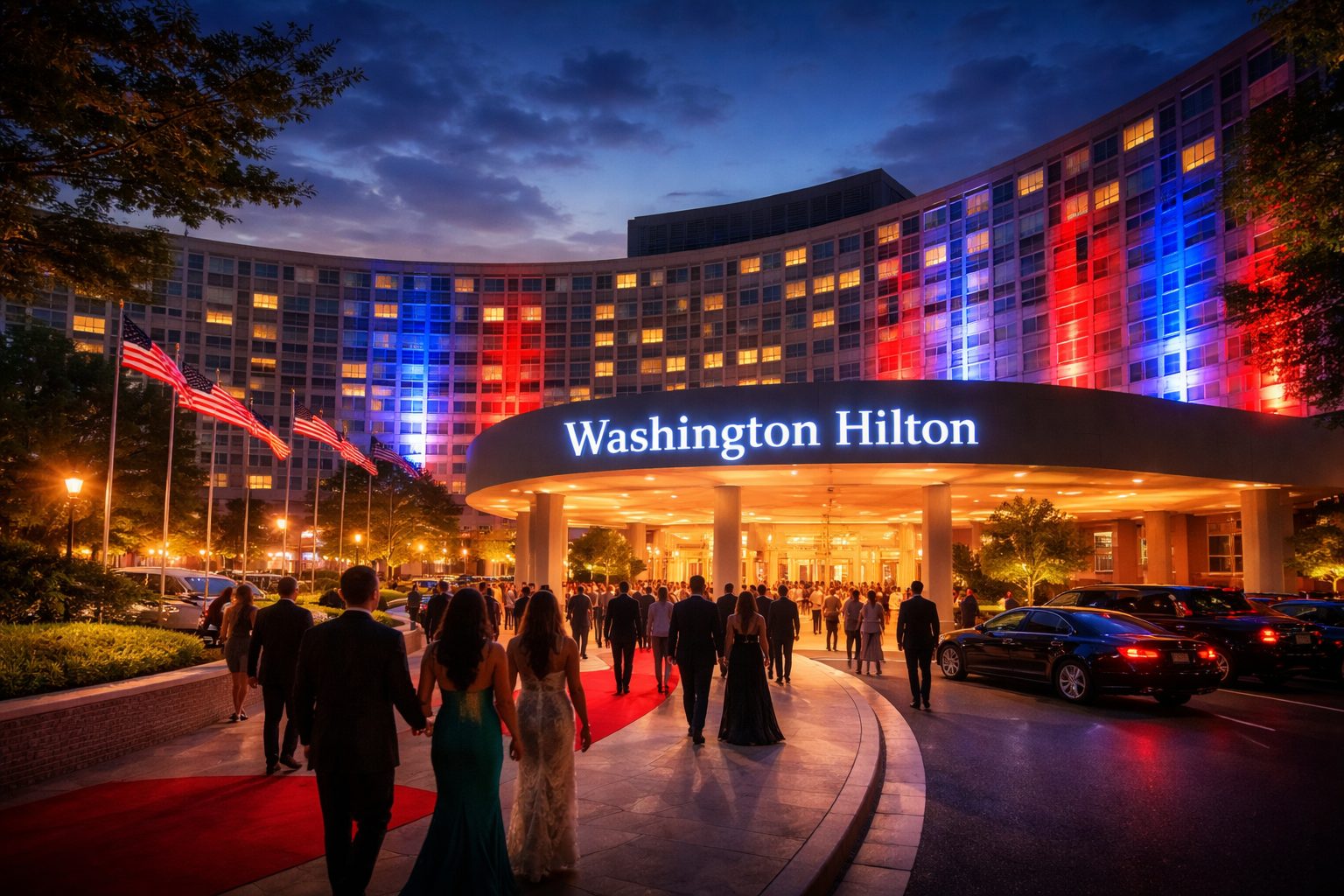 Guests entering the Washington Hilton at twilight, lit in red, white, and blue