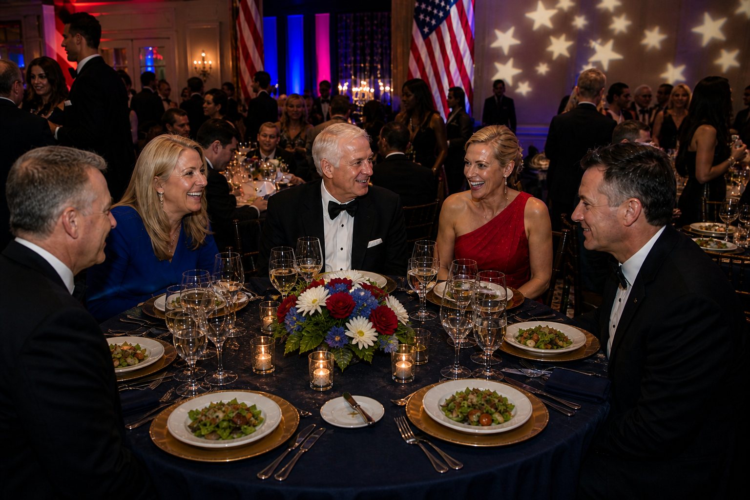 Five guests sharing dinner at a candlelit round table beneath an American flag