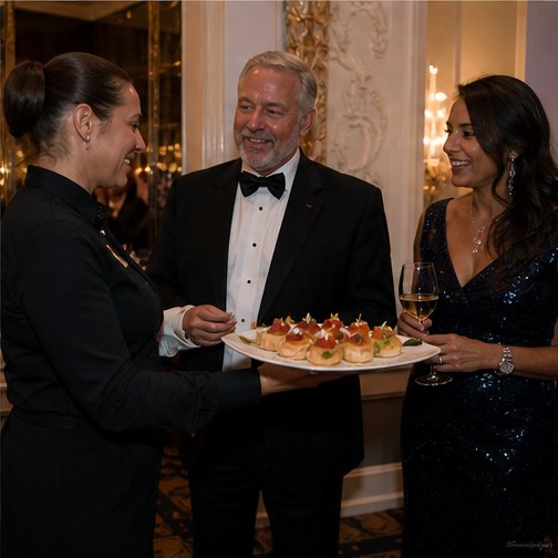 A server presenting passed hors d'oeuvres to two guests in formal attire
