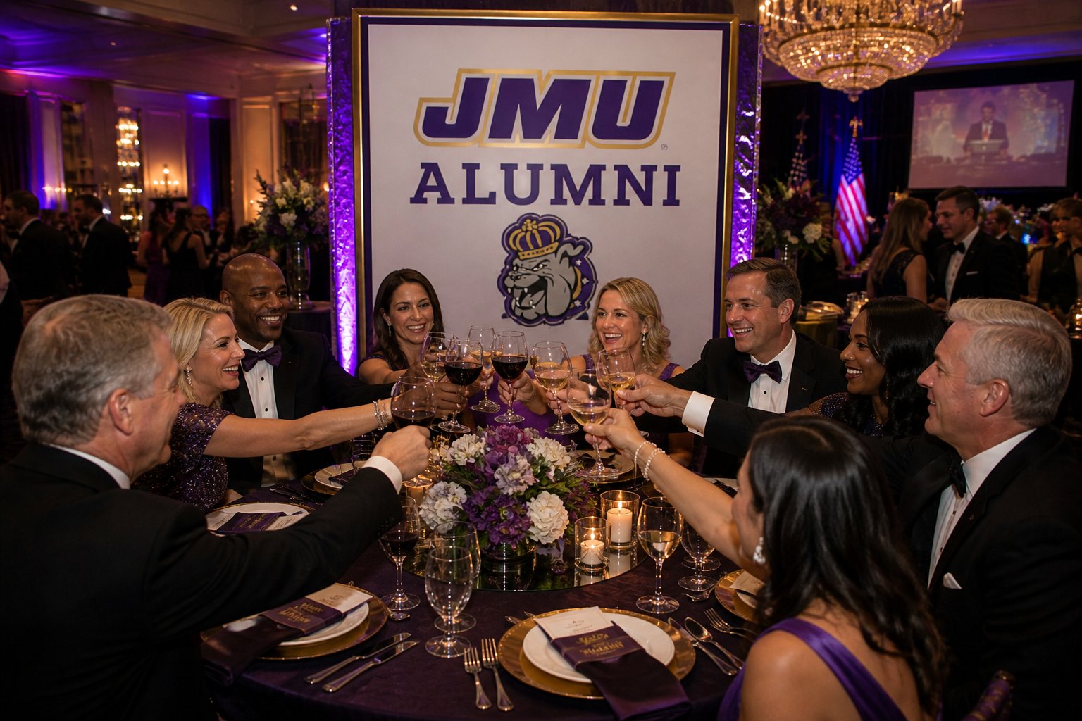 JMU Alumni Hosted Group toasting at their reserved table beneath custom JMU Alumni signage