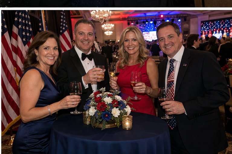 A patriotic-themed Hosted Group of five guests in formal attire toasting at their reserved table