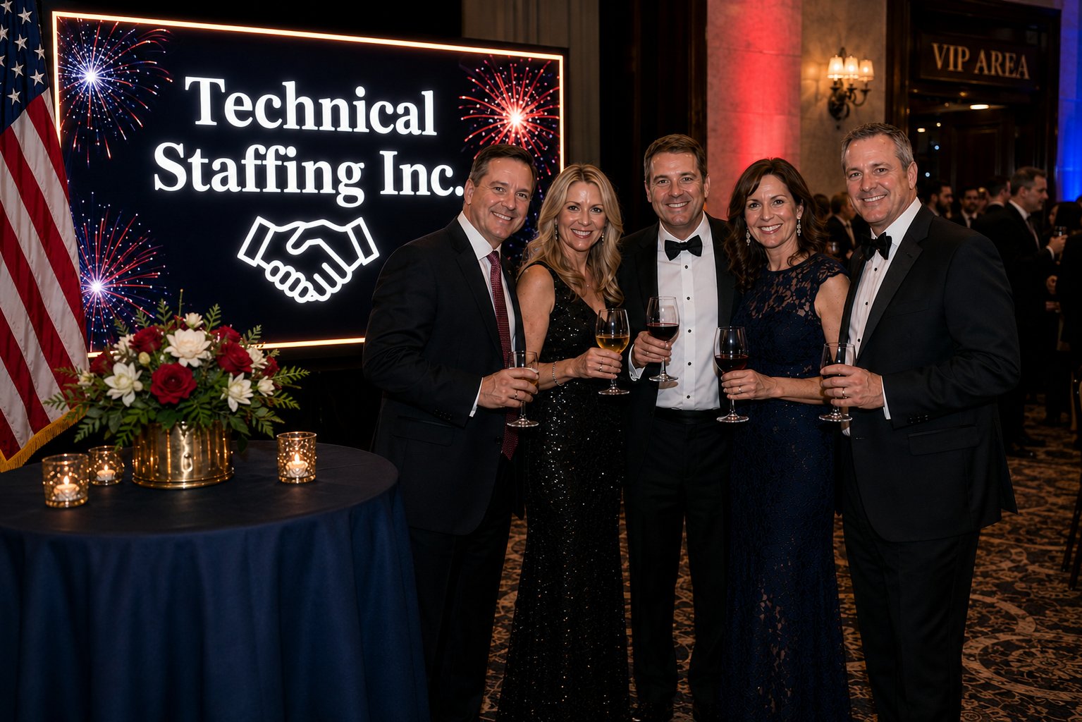A corporate Hosted Group from Technical Staffing Inc. toasting beneath their custom company signage in the VIP area