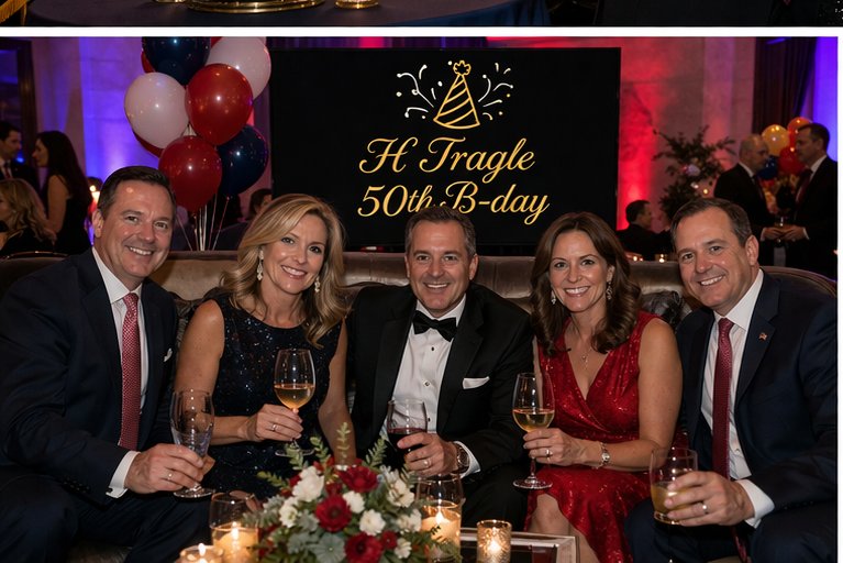 A 50th birthday Hosted Group of five guests beneath custom 'H Tragle 50th B-day' signage