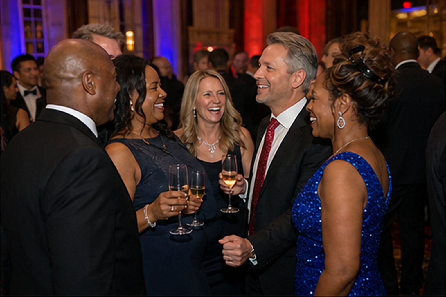 A small group of well-dressed friends laughing and toasting with champagne in the ballroom