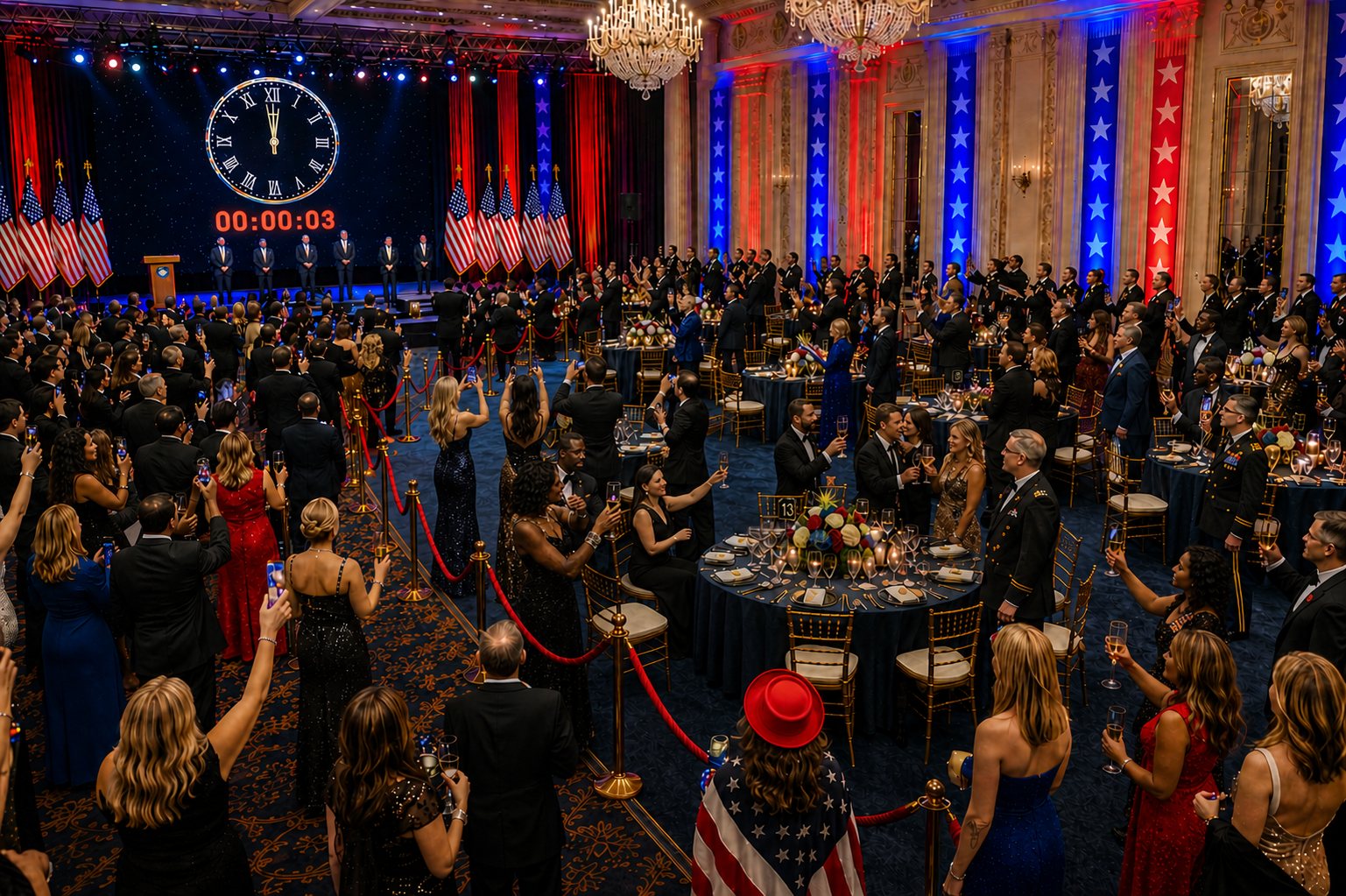 Statesman’s Concierge guests at reserved private tables behind red velvet ropes, raising a toast as the countdown clock approaches midnight