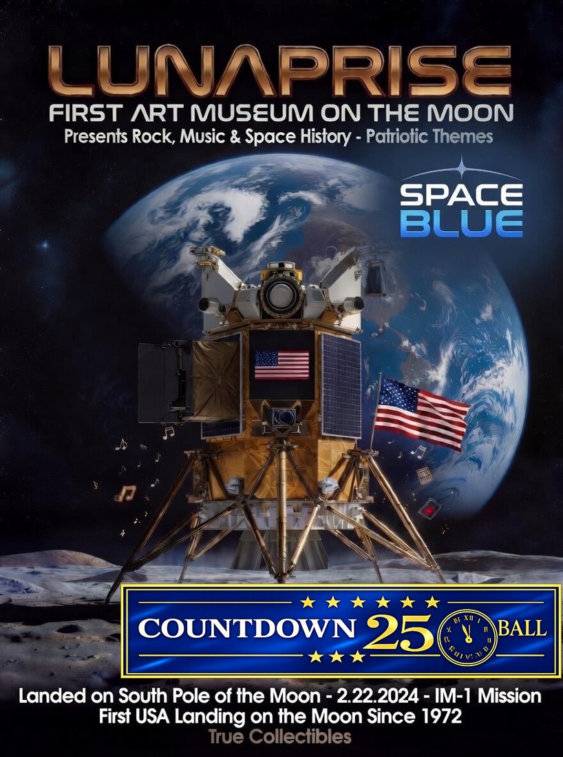 Lunaprise — First Art Museum on the Moon: the IM-1 lunar lander with American flags above Earth, presented by Space Blue